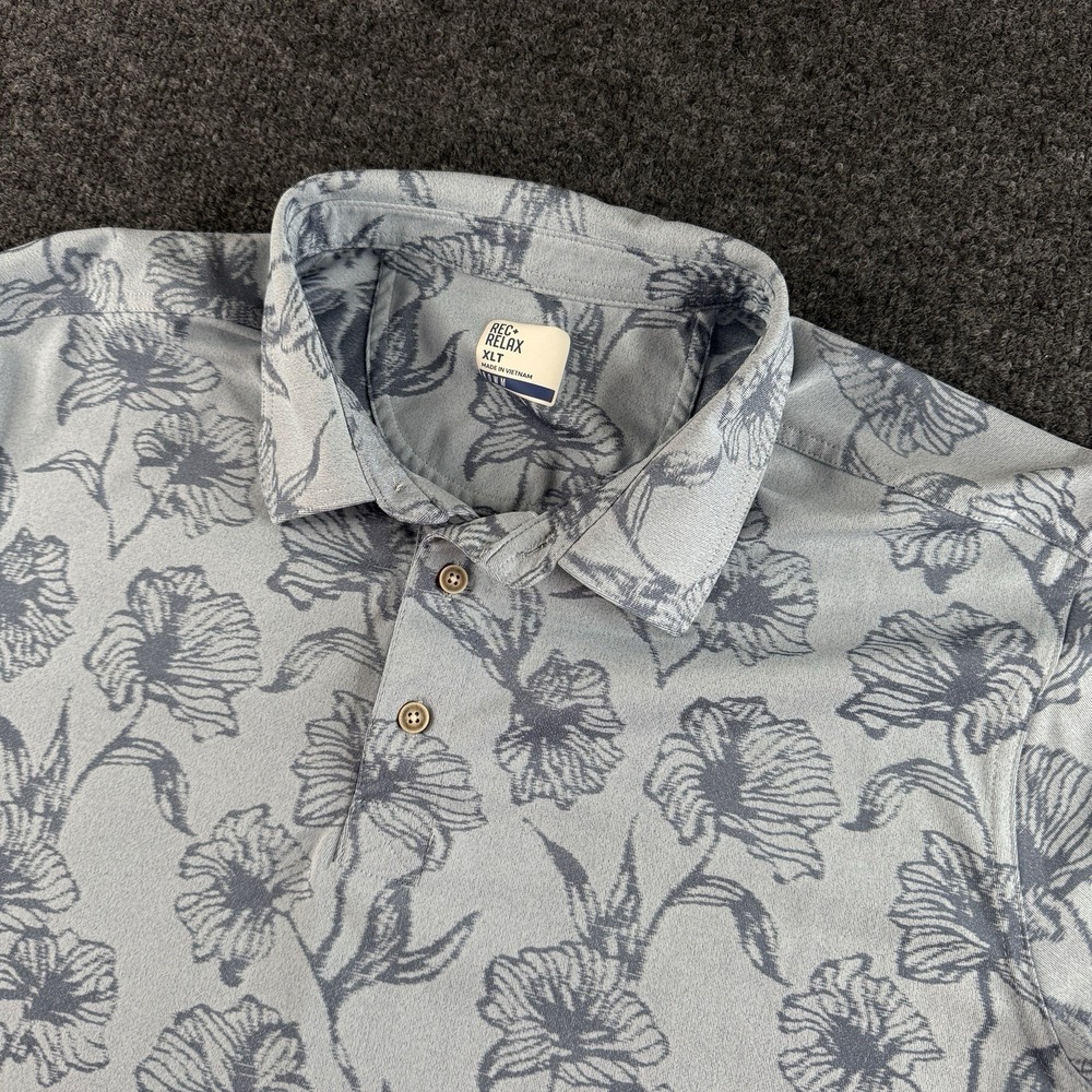 Rowm Rec+Relax‎ Mens XL Blue White Tropical Floral Short Sleeve Button Down EUC